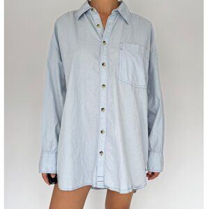 vintage we the free people blue pure cotton oversized boyfriend button up shirt
